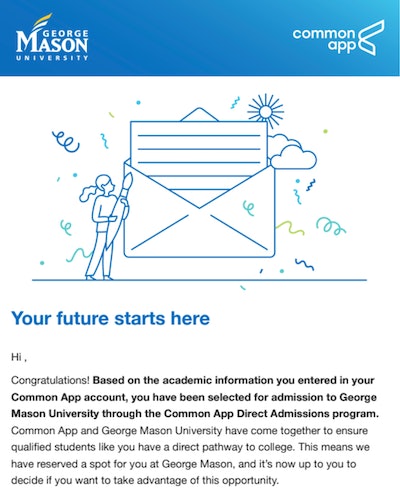 Part of a direct admissions acceptance letter from the College App and George Mason University